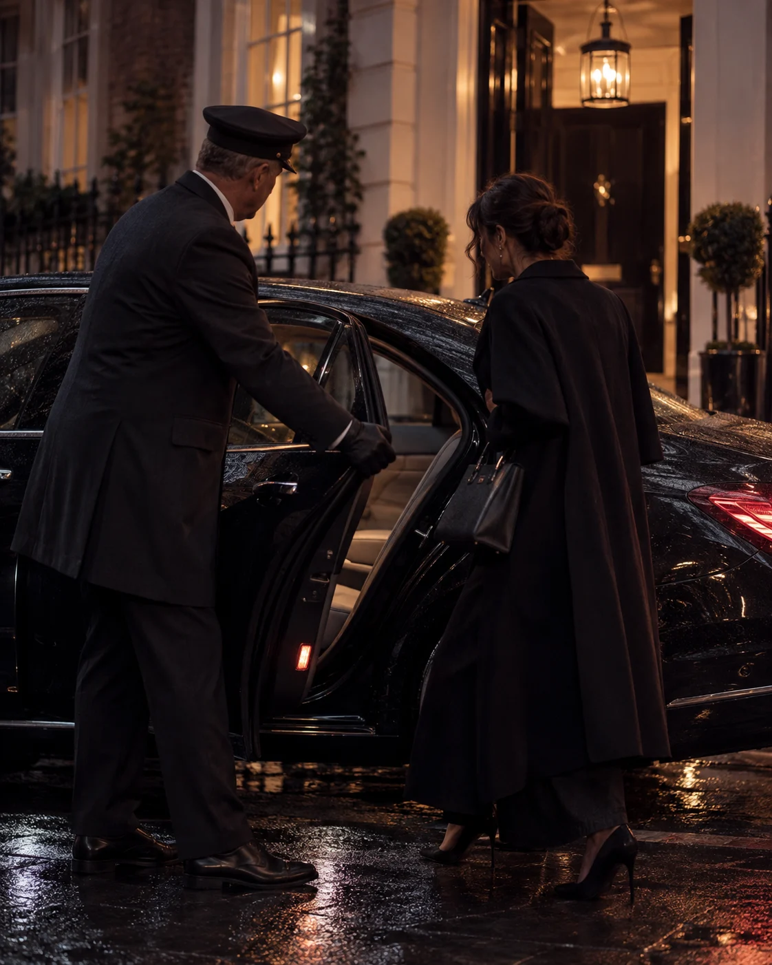 A chauffeur welcoming a traveller into a car